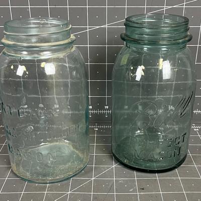 2 Antique Blue Jars, Ball and Atlas Quarts Small Mouth