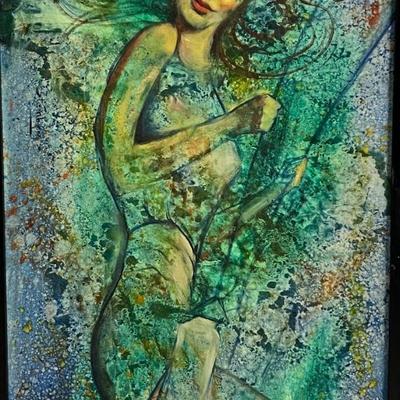 INV #27: Steinberg signed painting, woman on a swing, H 35.5" x W 17.5"