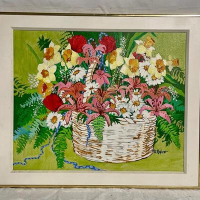 INV #52: Pat Mayhew signed flower basket painting, H 17.5