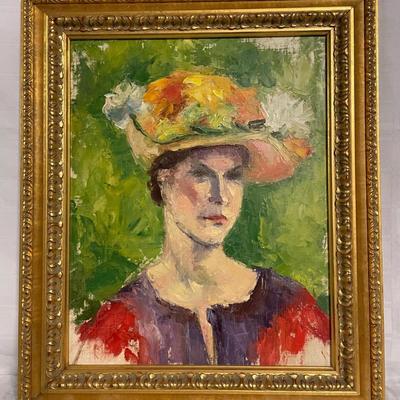 INV #88: Woman in floral hat, American post-impressionist oil painting, artist unknown H 19
