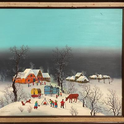 INV #91: Tamar Markova European oil painting, winter village scene, H 19