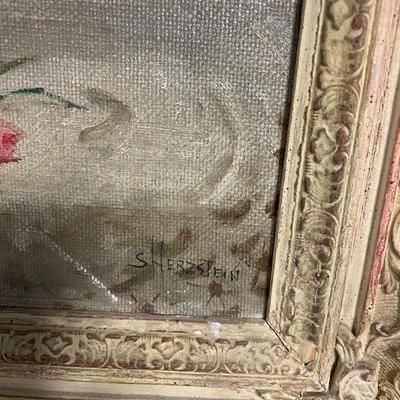 INV #119:Antique still life oil painting of flower bouquet, signed S. Hertzstein, after Adolf Heiztein H 17" x W 13.5"