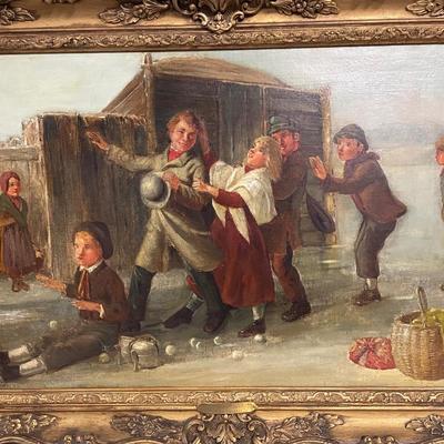 INV #159: Antique William Underhill oil painting of children, C. 1880, H 19" x W 29"