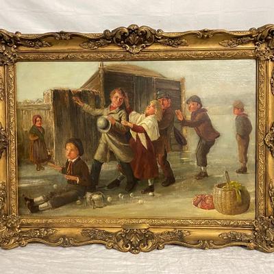 INV #159: Antique William Underhill oil painting of children, C. 1880, H 19" x W 29"