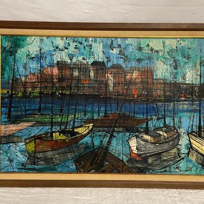 INV #161: Palette knife oil painting of fishing boats, C. 1940s. H 24