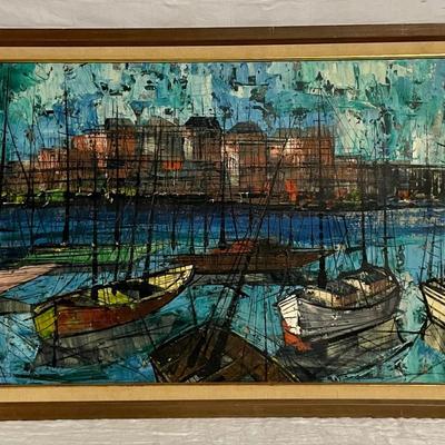 INV #161: Palette knife oil painting of fishing boats, C. 1940s. H 24