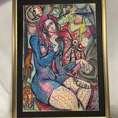 INV #163: Sacha Zaliouk, Surrealist pastel abstract of woman on telephone, H 32.5
