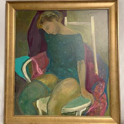 INV #173: M Soyer painting, woman with teal stocking, H 31" x W 27"