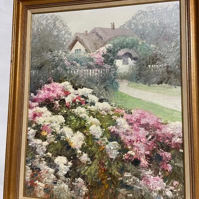 INV #78: Painting of cottage surrounded by pink and white flowers, artist unknown. H 29" x W 23"