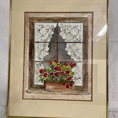 INV #85: Watercolor of red flowers in window box signed Palmer, H 18" x W 14"