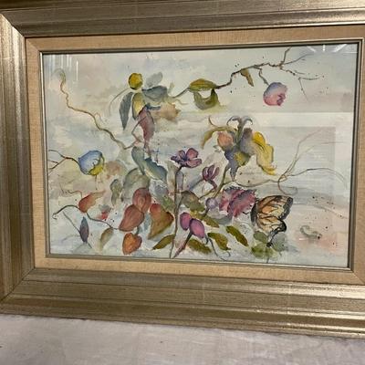 INV #102: Original watercolor painting of flowers and monarch butterfly, H 13" x W 19"