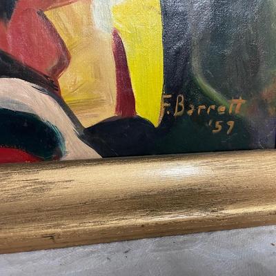 INV #134: Abstract painting of boxers signed F. Barrett, 1957, H 17" x W 23"