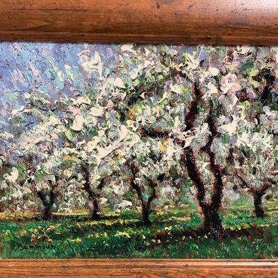 INV #30: Samir Sammoun embellished giclee on canvas, flowering trees, H 12" x W 16" (certificate on back)