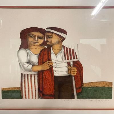 INV #133: Red and White dressed farming couple, signed, H 10" x W 13"