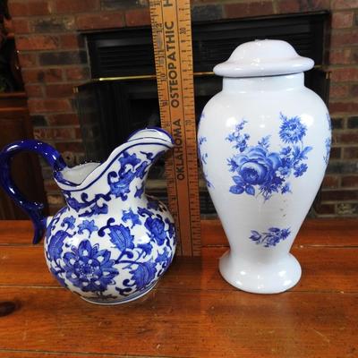Blue and white floral picture and ginger jar