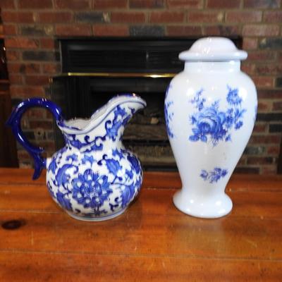 Blue and white floral picture and ginger jar