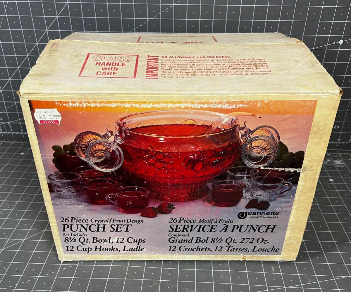 Glass Punch Bowl, Cups, Serving Spoon and Hooks.