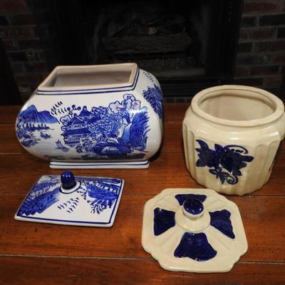Blue and white biscuit jar and lidded jar wondering