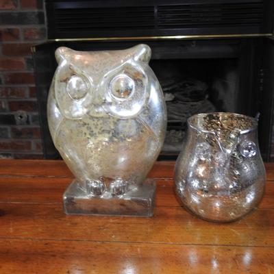 Frosted owl and smoky mercury glass owl candle Holder