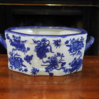 Large blue and white floral bowl