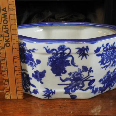 Large blue and white floral bowl