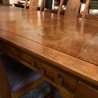Mid century Japanese inlaid dining table with 6 chairs