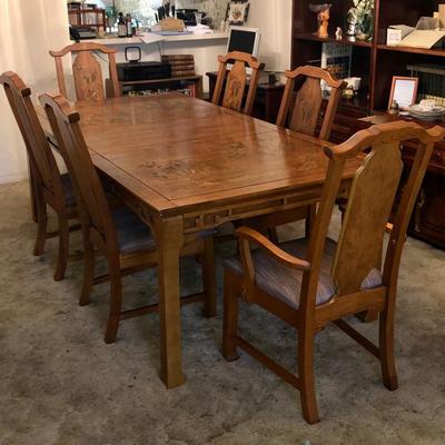 Mid century Japanese inlaid dining table with 6 chairs