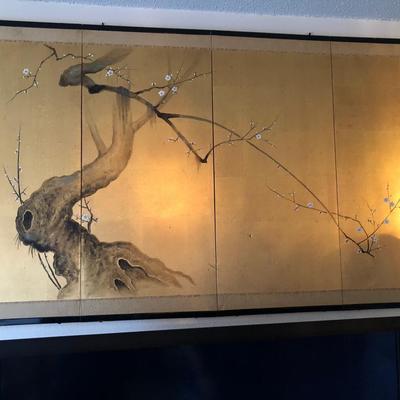 Gilded silk screen 4 panel Japanese screen signed