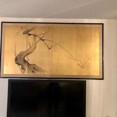 Gilded silk screen 4 panel Japanese screen signed