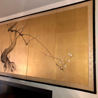 Gilded silk screen 4 panel Japanese screen signed