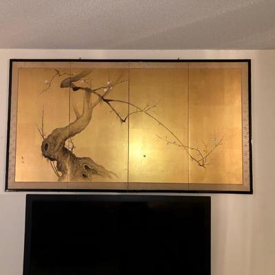Gilded silk screen 4 panel Japanese screen signed