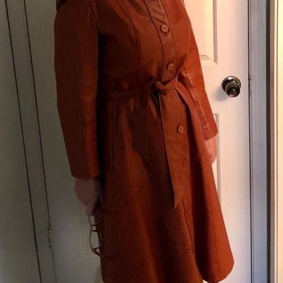 Vintage belted leather coat burnt orange color