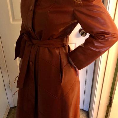 Vintage belted leather coat burnt orange color