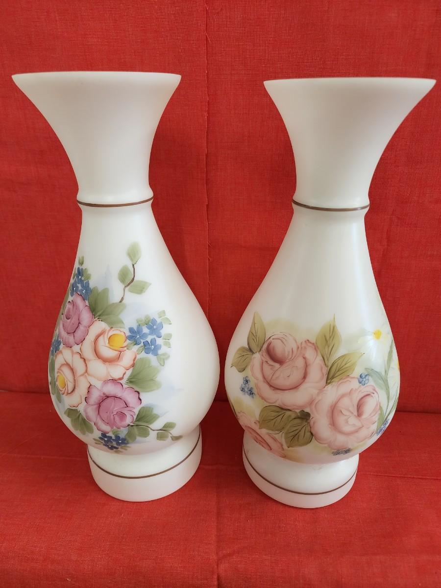 Two Large Floral White Glass Vases