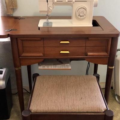 MCM singer sewing table with storage stool. Comes with all sewing supplies