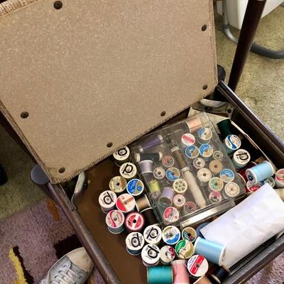 MCM singer sewing table with storage stool. Comes with all sewing supplies