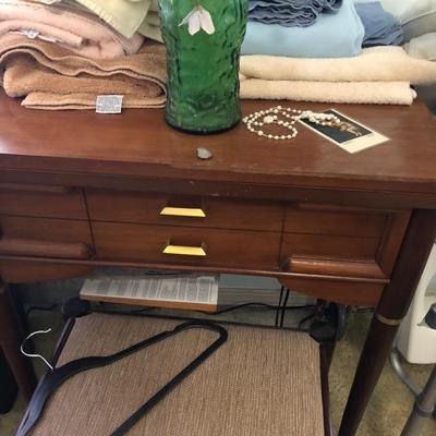MCM singer sewing table with storage stool. Comes with all sewing supplies