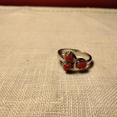 85ctw Coral & White Sapphire 925 Sterling Silver Ring Sz. 6.5