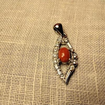 .95 ctw Coral & White Sapphire 925 SS Pendant