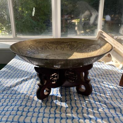 Huge Vintage Chinese Heavy Brass Bowl on Stand Dragons