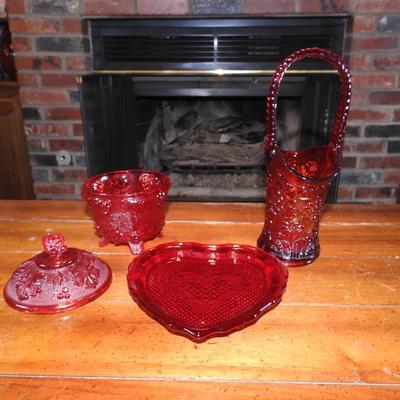 Ruby red tiara sandwich glass handled flower vase