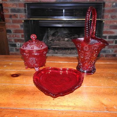 Ruby red tiara sandwich glass handled flower vase