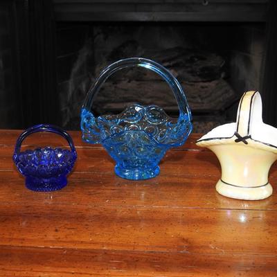 Blue art glass baskets and porcelain basket