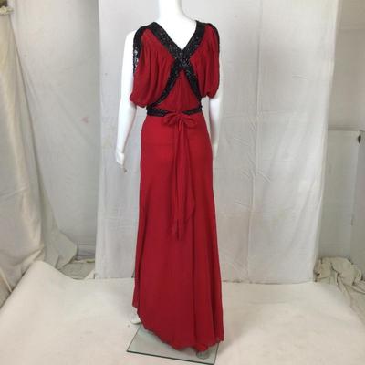 310 Antique Art Deco 2pc Red Crepe Dress with Black Sequined Accents