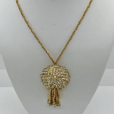 LOT J1R: Vintage Goldtone & Rhinestone Tassel Brooch & Chain Necklace