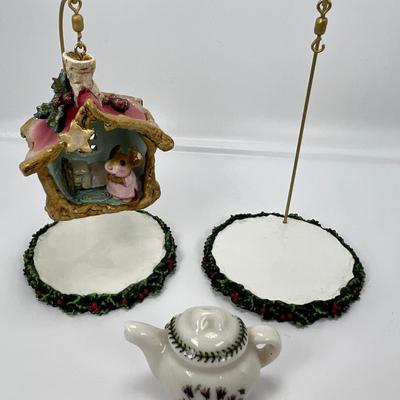 Wee Forest folk Mini Cabin Ornament 2 hangers 1 mini tea pot pin
