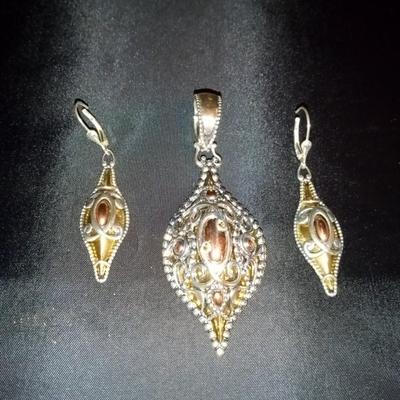 STERLING, BRASS AND COPPER PENDANT AND PIERCED EARRINGS