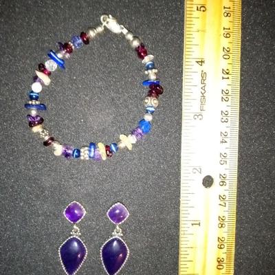 STERLING EARRINGS WITH PURPLE STONE AND MULTI COLORED STONE BRACELET
