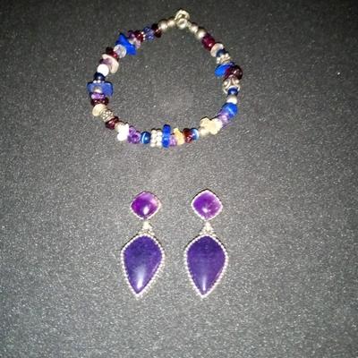 STERLING EARRINGS WITH PURPLE STONE AND MULTI COLORED STONE BRACELET