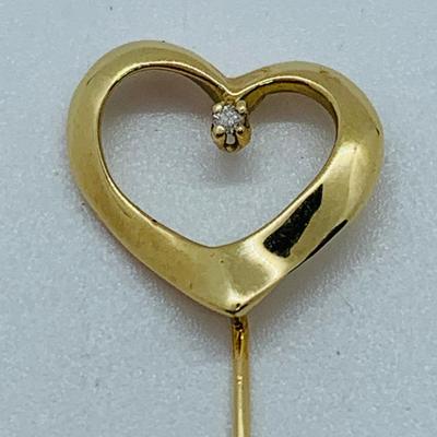 LOT 11R: Beautiful VL 14k Yellow Gold Heart Stick Pin w/Diamond Chip (wt.2.4g)